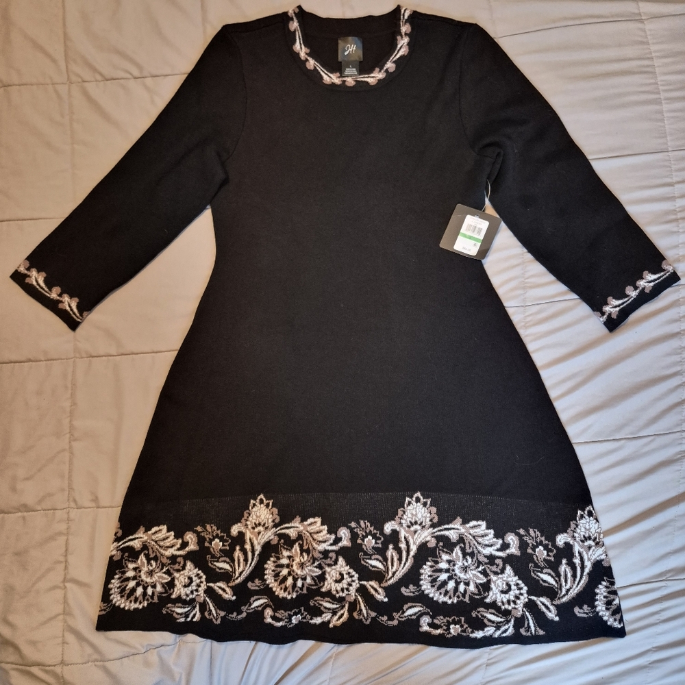 NWT Jessica Howard Womens 3/4 Sleeve Bordered Sweater Dress, Black, Large